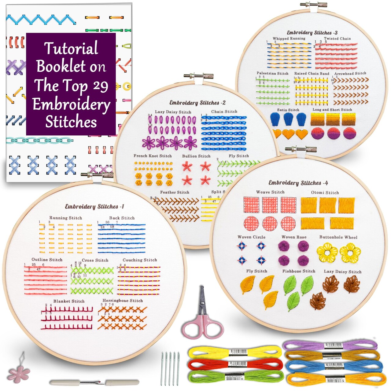 Bradove Classic Embroidery Stitches Practice Kit, Embroidery Kit for Beginners with Stamped Embroidery Patterns, Beginner Embroidery Kit for Adults, Hand Embroidery Kit for Kids, Stitches Kit